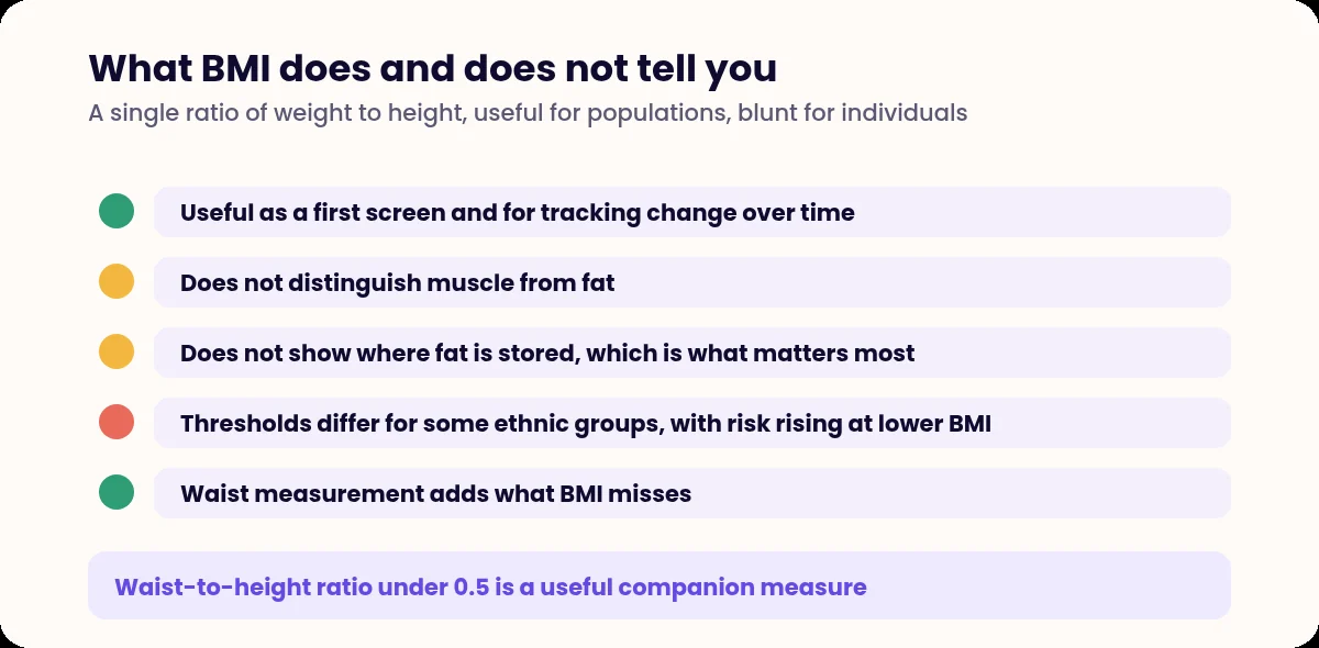 Checklist of five points on what BMI does and does not measure