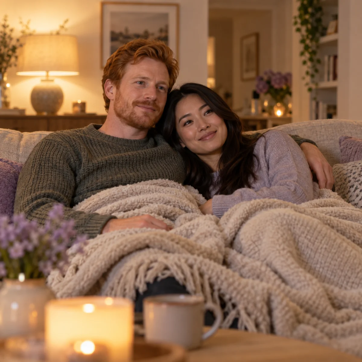 Couple relaxing together under a blanket on the sofa