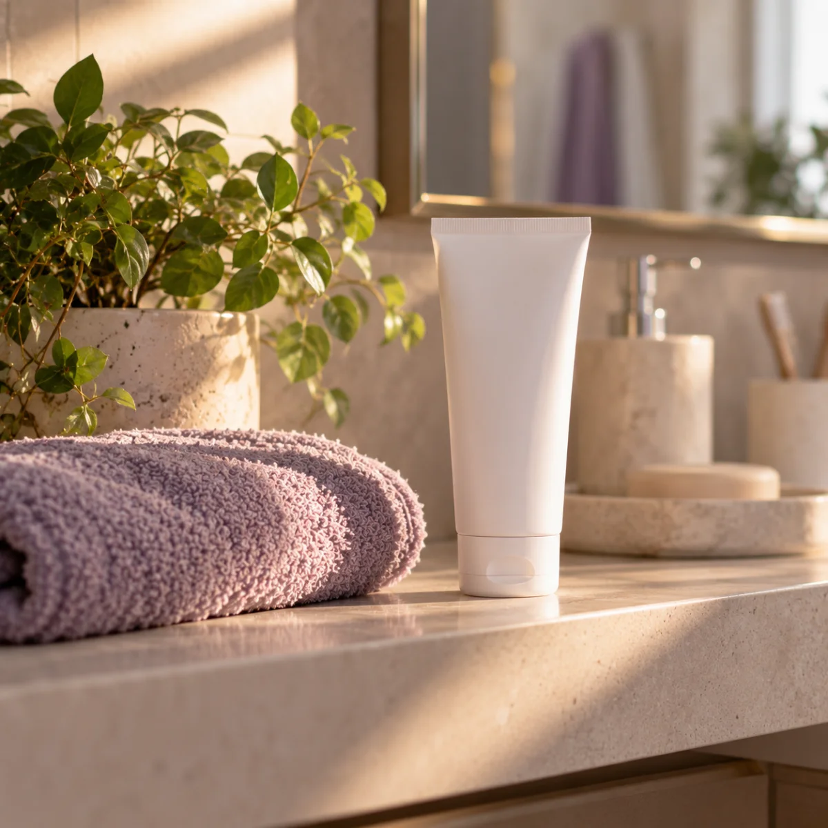 Plain white cream tube on a bathroom shelf