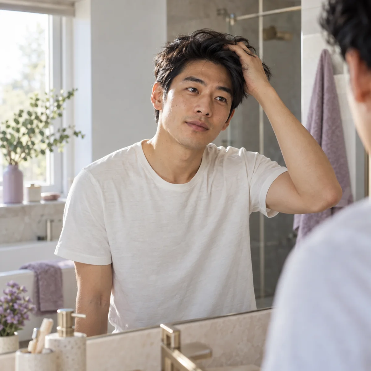 Man touching his hair at home
