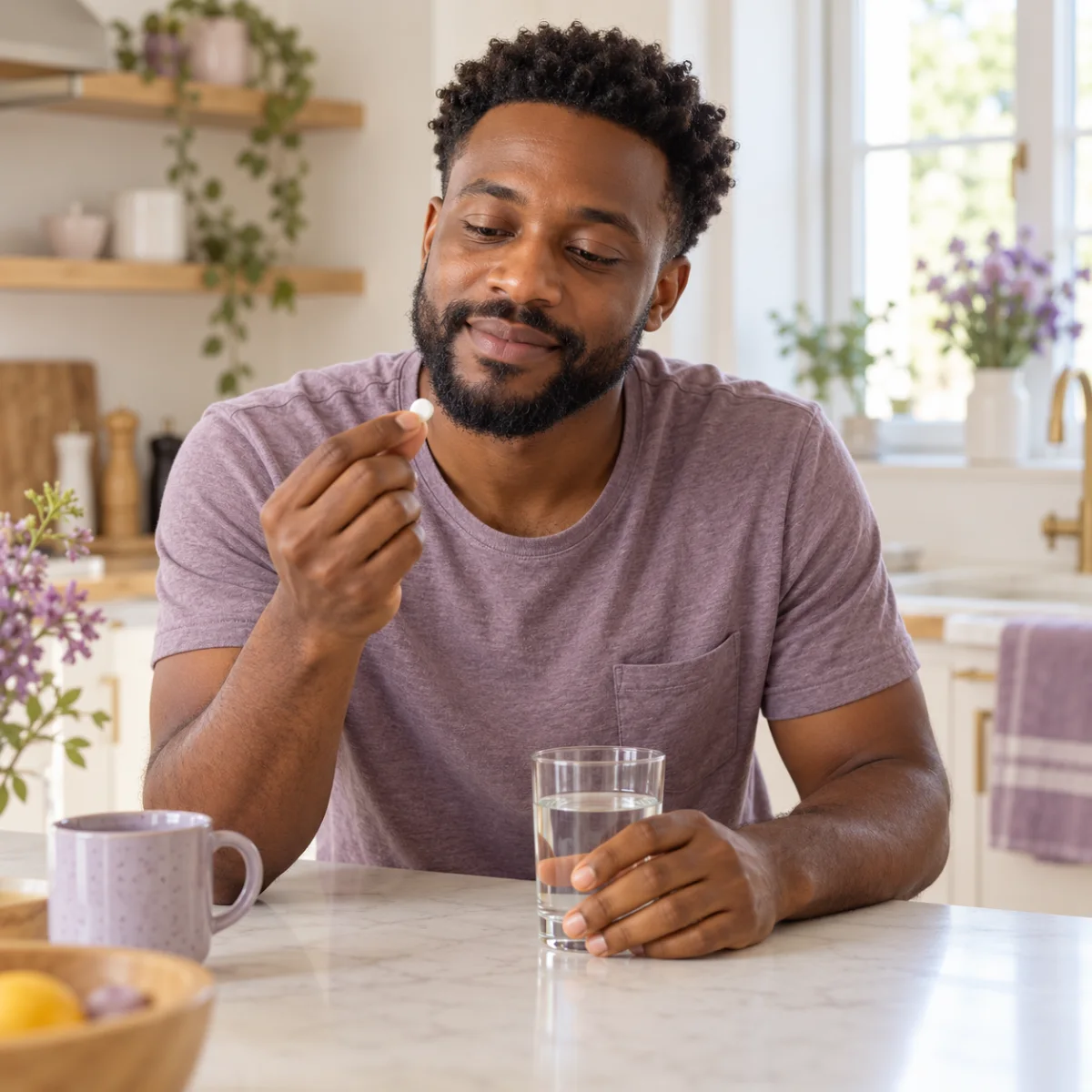 Man taking a tablet with a glass of water