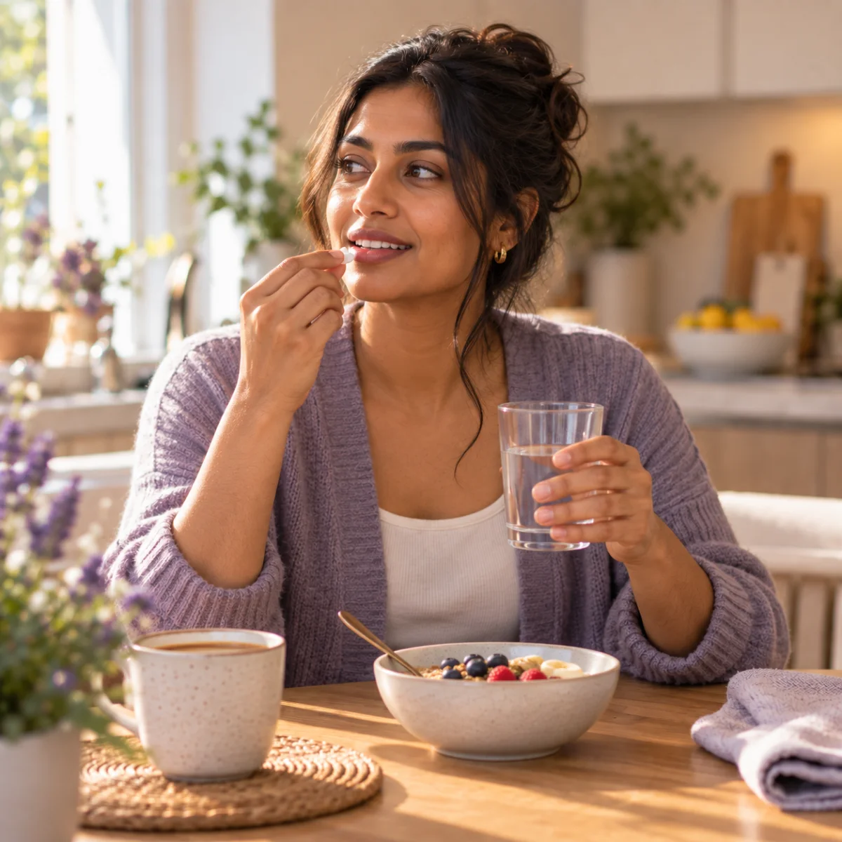 Woman taking a tablet with water at breakfast