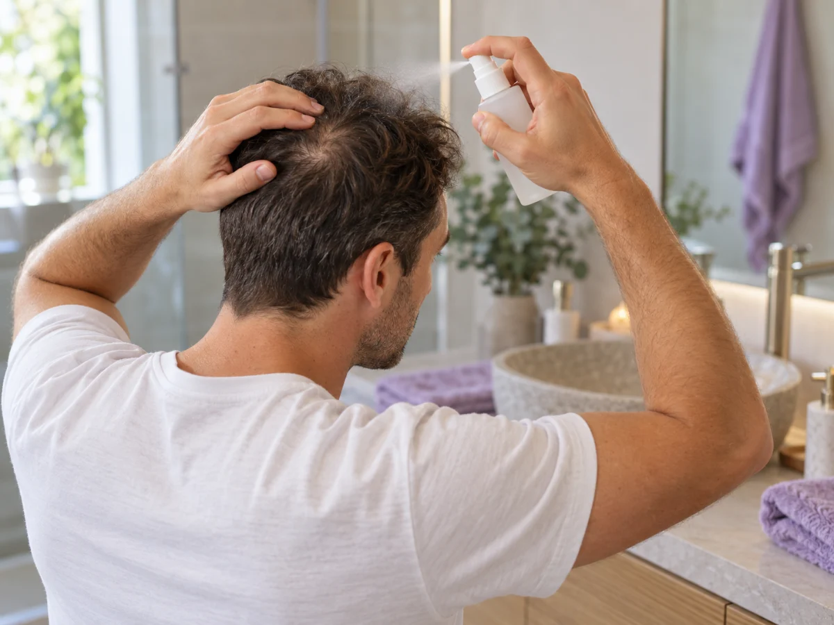 Man applying minoxidil spray to his scalp