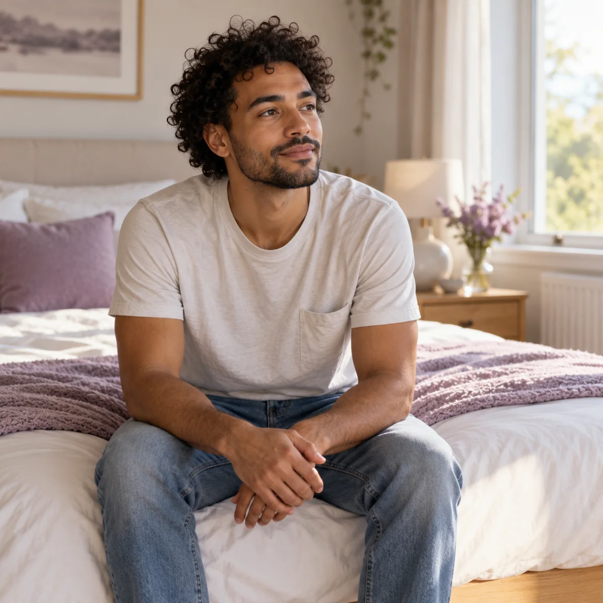 Relaxed man sitting on the edge of his bed