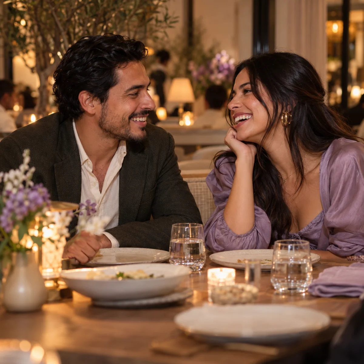 Couple smiling at each other over dinner