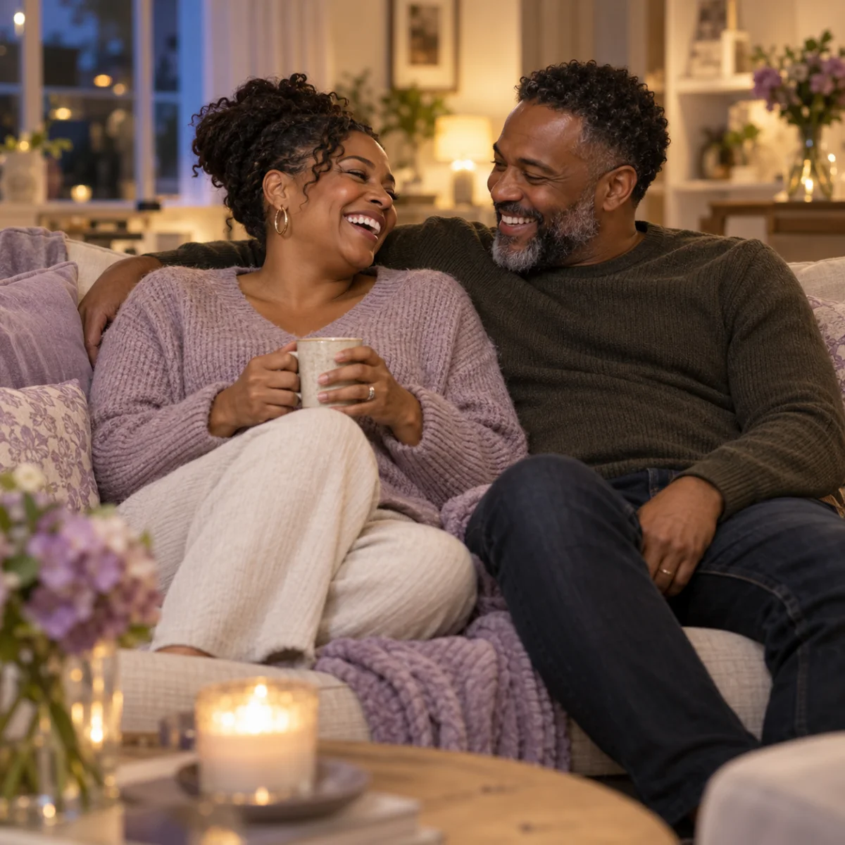 Couple laughing together on the sofa