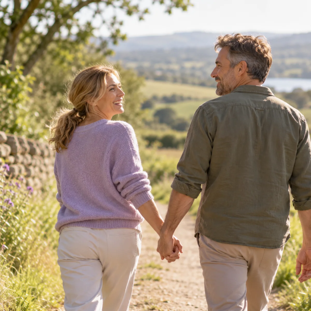 Couple walking hand in hand in the countryside