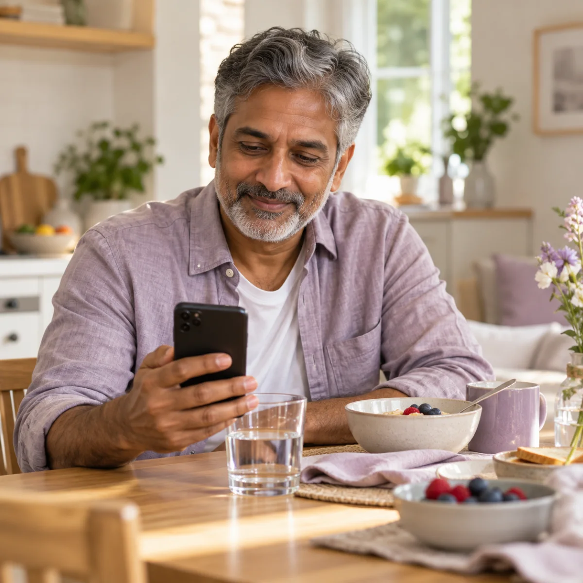 Man checking his phone at the breakfast table