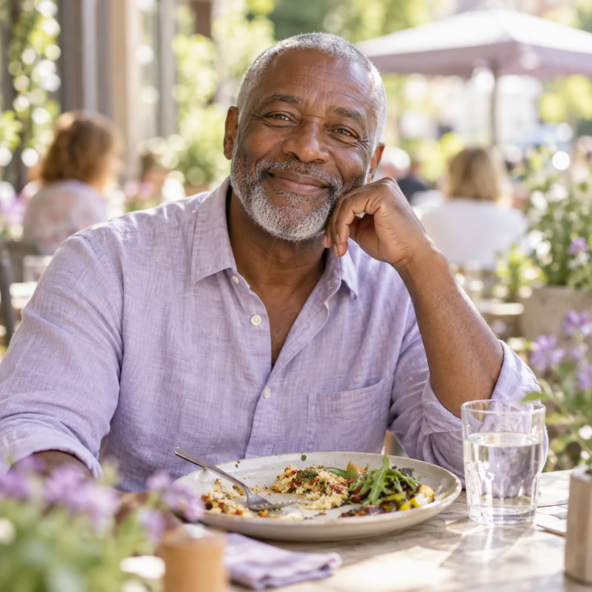 Smiling man eating a healthy lunch